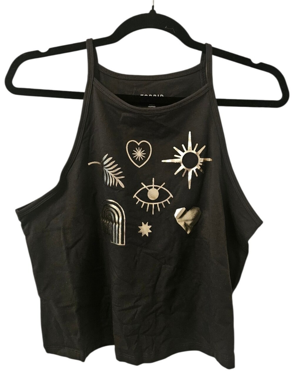 Black and Silver Torrid Women's Symbols Foxy High Neck Crop Tank Top